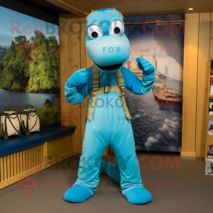 Sky Blue Loch Ness Monster mascot costume character dressed with a Cargo Pants and Belts
