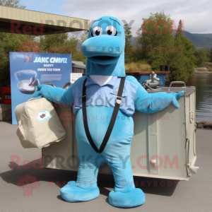 Sky Blue Loch Ness Monster mascot costume character dressed with a Cargo Pants and Belts