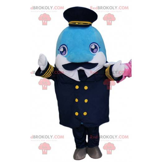 Mascotte de dauphin en tenue de capitaine, costume de capitaine