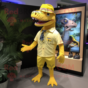 Yellow Tyrannosaurus mascot costume character dressed with a Bermuda Shorts and Hat pins