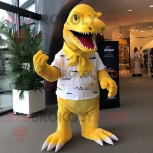 Yellow Tyrannosaurus mascot costume character dressed with a Bermuda Shorts and Hat pins