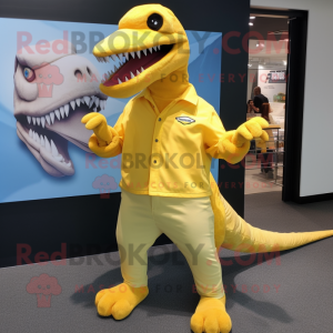 Yellow Tyrannosaurus mascot costume character dressed with a Bermuda Shorts and Hat pins