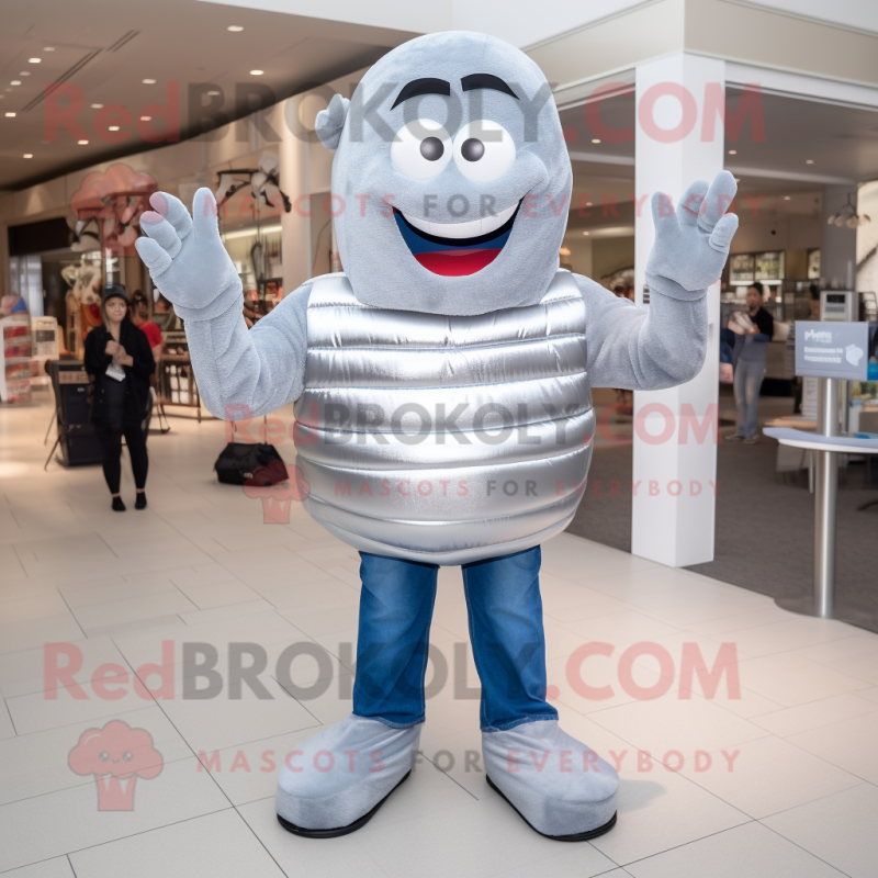 Silver Burgers mascot costume character dressed with a Bootcut Jeans and Gloves