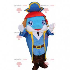 Mascot blue dolphin in pirate outfit, pirate costume -