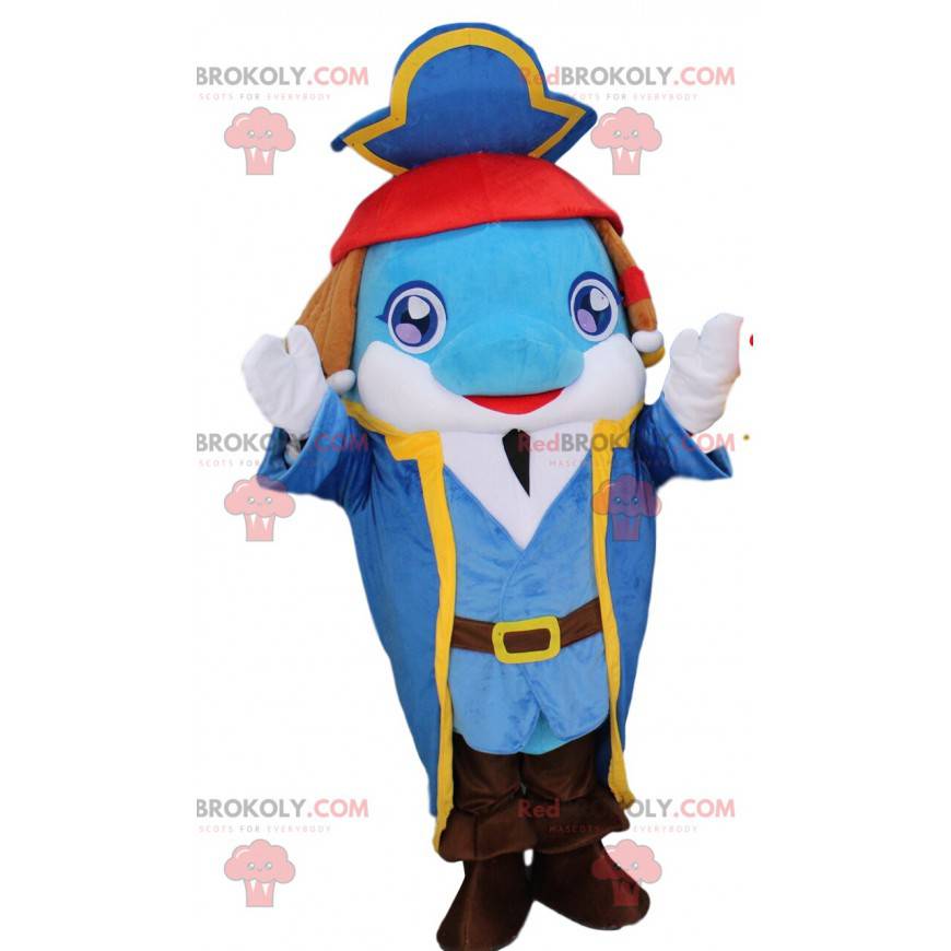 Mascote golfinho azul com roupa de pirata, fantasia de pirata -