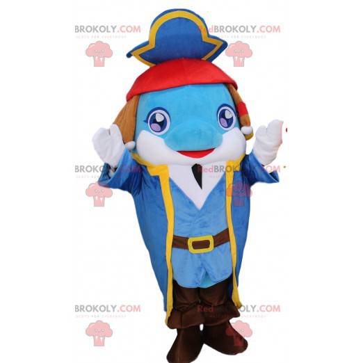 Mascot blue dolphin in pirate outfit, pirate costume -