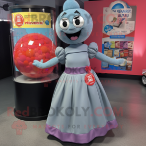Gray Gumball Machine mascot costume character dressed with a Maxi Skirt and Cummerbunds