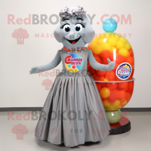 Gray Gumball Machine mascot costume character dressed with a Maxi Skirt and Cummerbunds