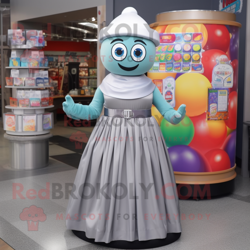 Gray Gumball Machine mascot costume character dressed with a Maxi Skirt and Cummerbunds