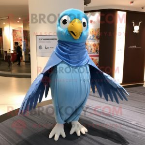 Sky Blue Falcon mascot costume character dressed with a Wrap Skirt and Scarf clips