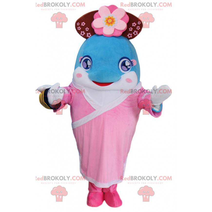 Mascote do golfinho azul vestido com uma roupa das ilhas, rosa
