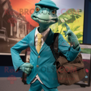 Teal Coelophysis mascot costume character dressed with a Blazer and Backpacks