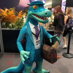 Teal Coelophysis mascot costume character dressed with a Blazer and Backpacks