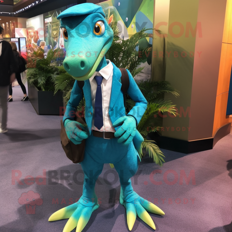 Teal Coelophysis mascot costume character dressed with a Blazer and Backpacks