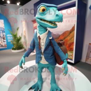 Teal Coelophysis mascot costume character dressed with a Blazer and Backpacks