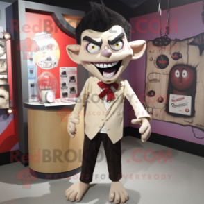 Beige Vampire mascot costume character dressed with a Romper and Tie pins