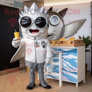 Silver Fish And Chips mascot costume character dressed with a Graphic Tee and Sunglasses