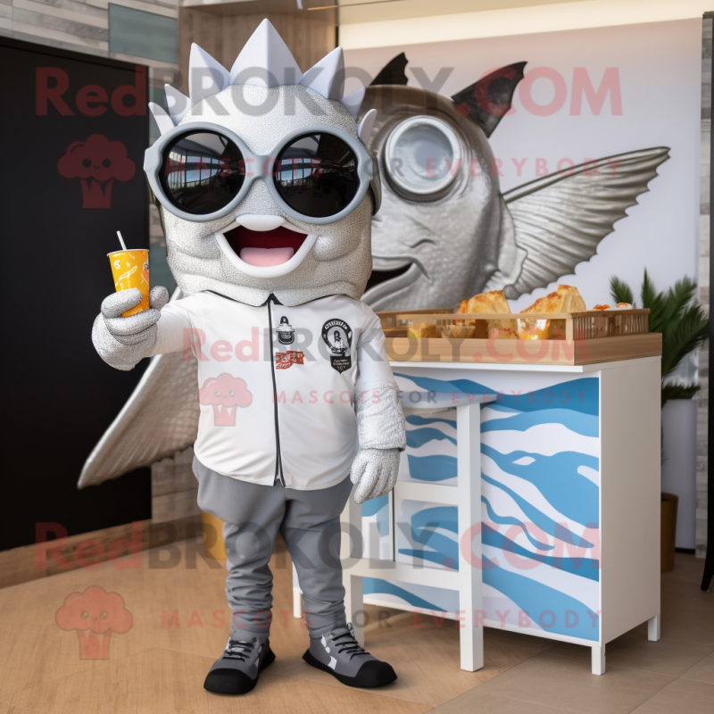 Silver Fish And Chips mascot costume character dressed with a Graphic Tee and Sunglasses Silver Fish And Chips mascot costume character dressed with a Graphic Tee and Sunglasses