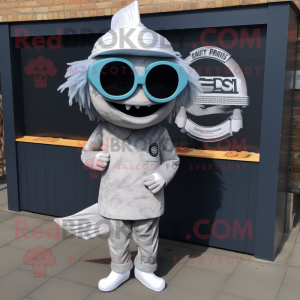 Silver Fish And Chips mascot costume character dressed with a Graphic Tee and Sunglasses