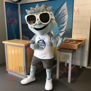 Silver Fish And Chips mascot costume character dressed with a Graphic Tee and Sunglasses