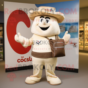 Cream Goulash mascot costume character dressed with a Chinos and Messenger bags