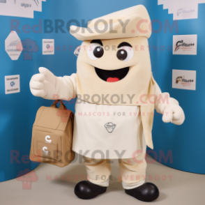 Cream Goulash mascot costume character dressed with a Chinos and Messenger bags