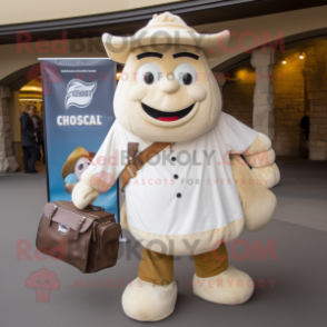 Cream Goulash mascot costume character dressed with a Chinos and Messenger bags