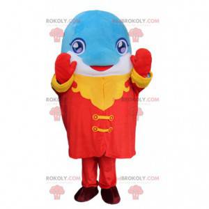 Blue and white dolphin mascot with a colorful outfit -