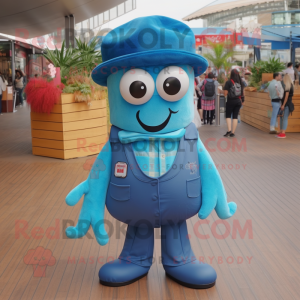 Blue Squid mascot costume character dressed with a Overalls and Pocket squares