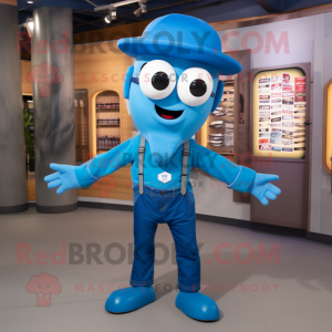 Blue Squid mascot costume character dressed with a Overalls and Pocket squares