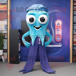 Blue Squid mascot costume character dressed with a Overalls and Pocket squares