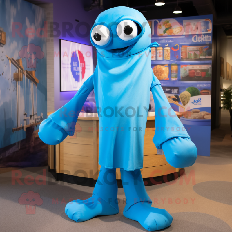 Blue Squid mascot costume character dressed with a Overalls and Pocket squares