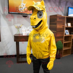 Yellow Horseshoe mascot costume character dressed with a Hoodie and Pocket squares