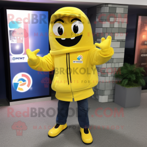 Yellow Horseshoe mascot costume character dressed with a Hoodie and Pocket squares