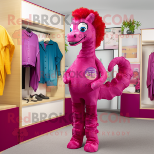 Magenta Sea Horse mascot costume character dressed with a Dress Pants and Cummerbunds