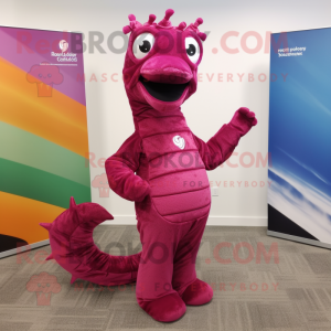 Magenta Sea Horse mascot costume character dressed with a Dress Pants and Cummerbunds