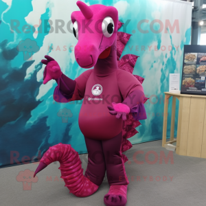 Magenta Sea Horse mascot costume character dressed with a Dress Pants and Cummerbunds