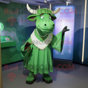 Green Bull mascot costume character dressed with a A-Line Dress and Shawls