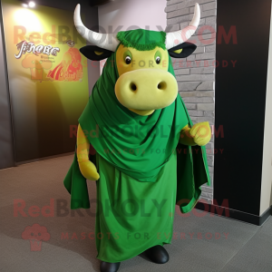 Green Bull mascot costume character dressed with a A-Line Dress and Shawls