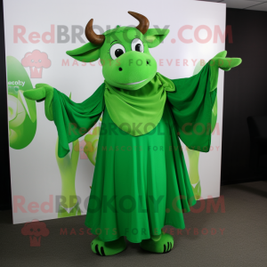 Green Bull mascot costume character dressed with a A-Line Dress and Shawls