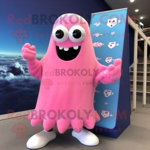 Pink Ghost mascot costume character dressed with a Board Shorts and Bracelets