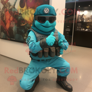 Turquoise Para Commando mascot costume character dressed with a Wrap Skirt and Bracelet watches