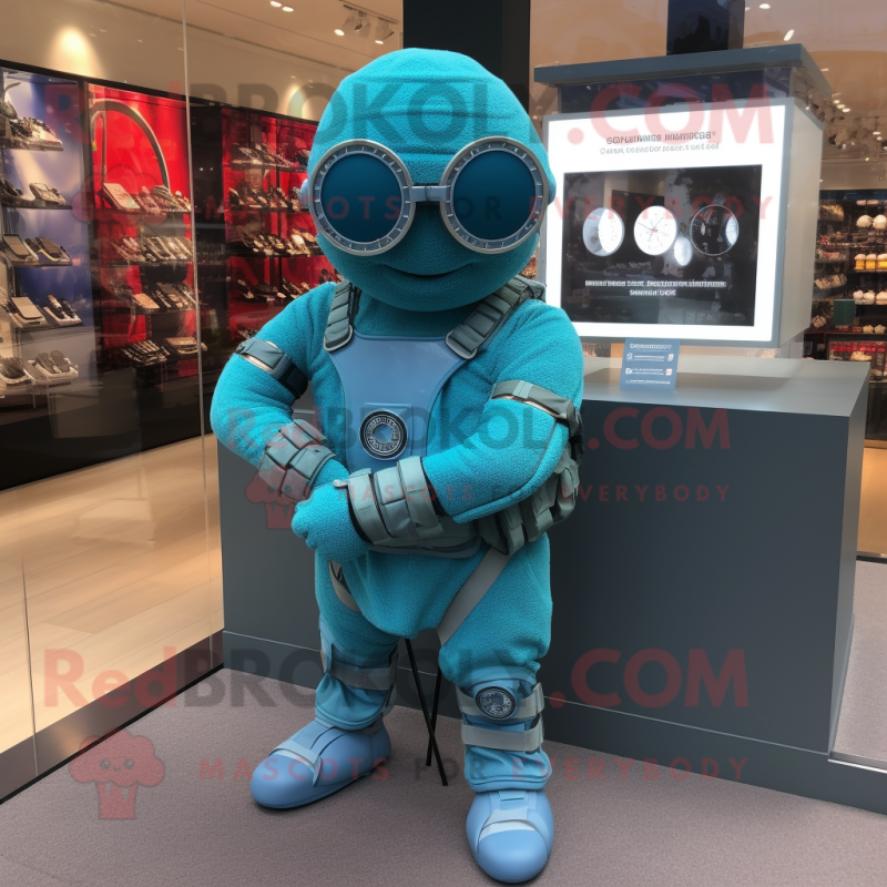 Turquoise Para Commando mascot costume character dressed with a Wrap Skirt and Bracelet watches