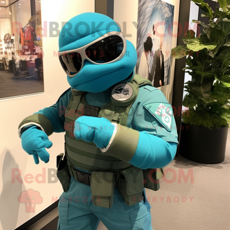 Turquoise Para Commando mascot costume character dressed with a Wrap Skirt and Bracelet watches