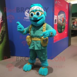 Turquoise Para Commando mascot costume character dressed with a Wrap Skirt and Bracelet watches