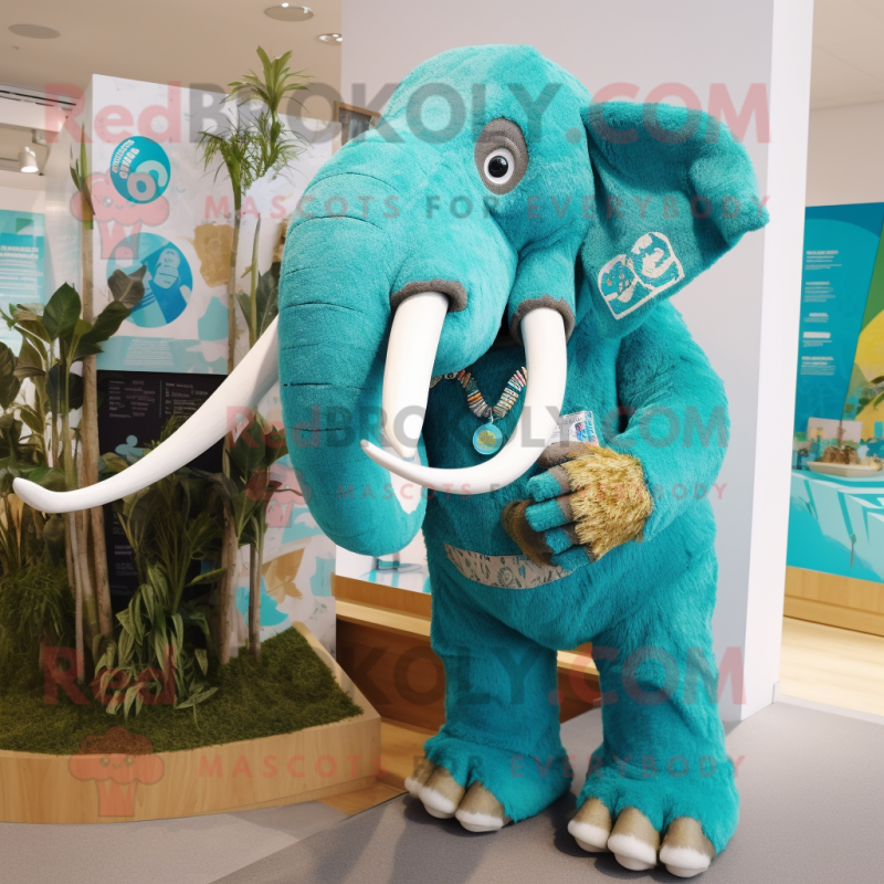 Turquoise Mammoth mascot costume character dressed with a Dungarees and Brooches
