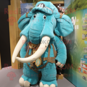 Turquoise Mammoth mascot costume character dressed with a Dungarees and Brooches