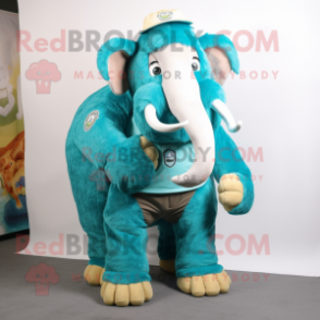 Turquoise Mammoth mascot costume character dressed with a Dungarees and Brooches