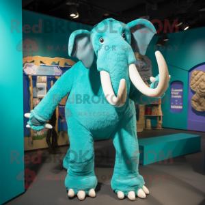 Turquoise Mammoth mascot costume character dressed with a Dungarees and Brooches