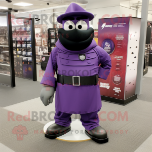 Purple Grenade mascot costume character dressed with a Dress Pants and Shoe clips